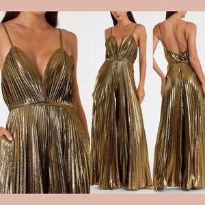 NWT IEENA Mac Duggal [ 0 ] 27143‎ Metallic Pleated V Neck Jumpsuits Gold #J1902